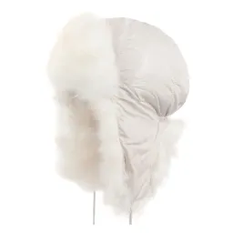 W163B Women'S Winter Hat With Ears, Made Of Ecru-White Fabric, And Insulated With Ortalion And Fur