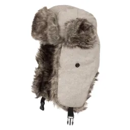 W441A Beige Winter Hat With Earflaps That Fasten At The Neck.