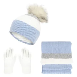 W453D Damski zimowy komplet biało-niebieski czapka szalik rękawiczki