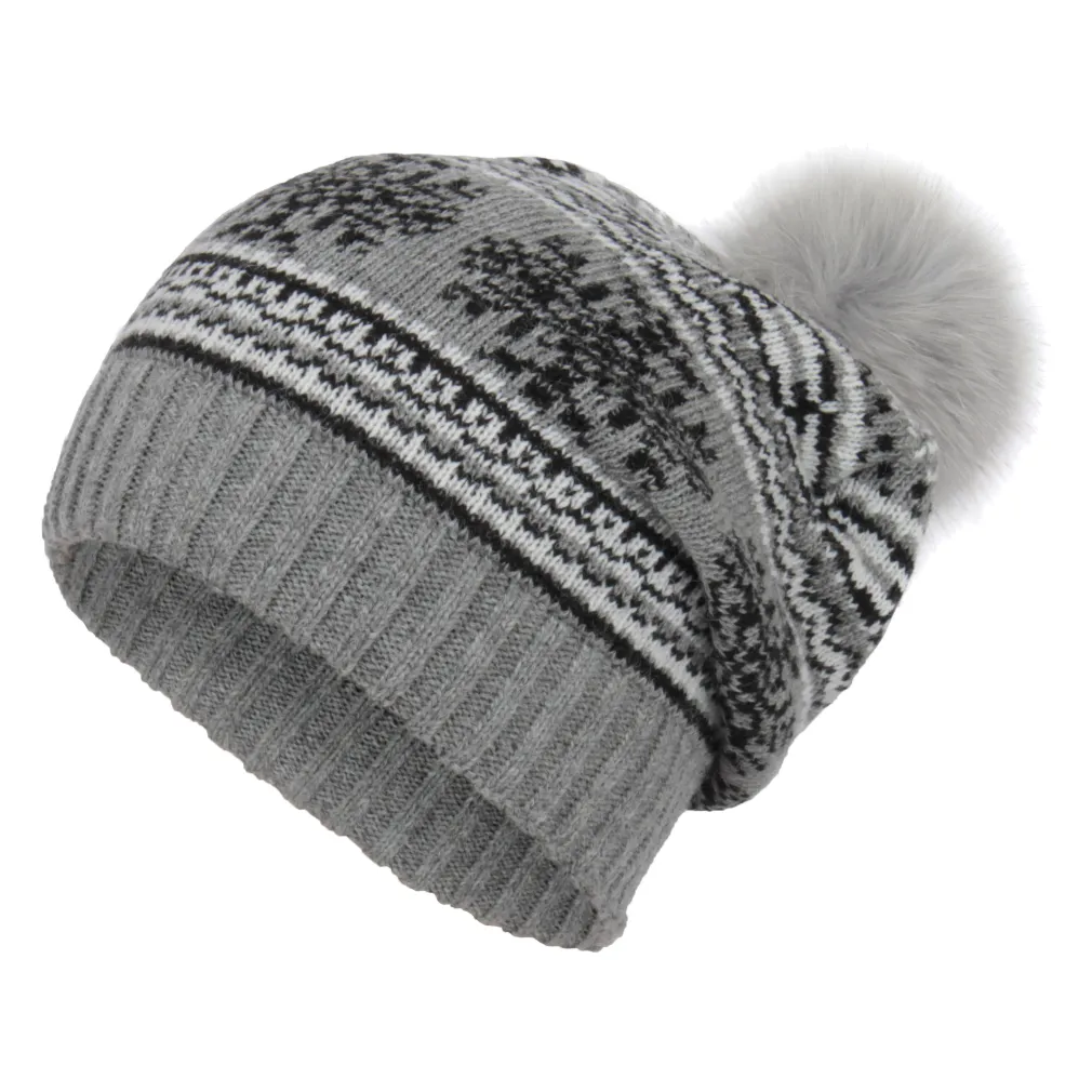 W321B Grey Polar Fashion Warm Winter Hat Beanie Original Design Snowflake Pompon