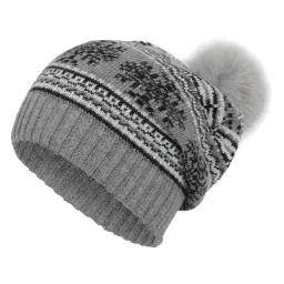 W321B Szara Polar Fashion ciepła czapka zimowa beanie oryginalny design motyw śnieżki pompon