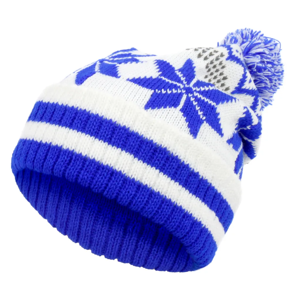 W330B White-Blue Haker Warm Winter Hat Made With Knitted Beanie Original Design Snowflake Pompom Motif.