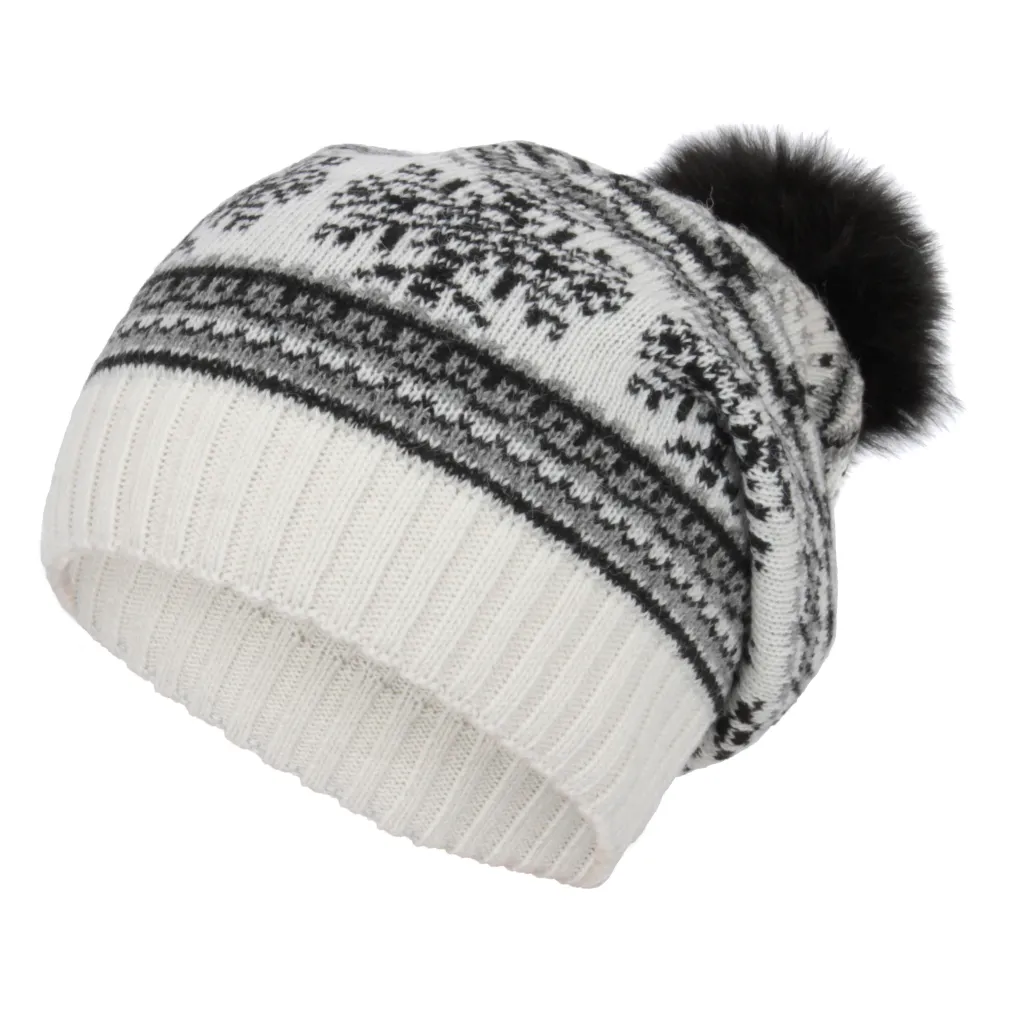 W321A White Polar Fashion Warm Winter Hat Beanie Original Design Snowflake Pompon