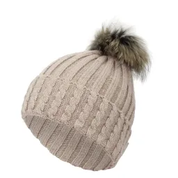 W401B Beige Women'S Knitted Winter Hat With A Pompom