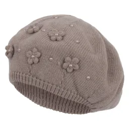 W336C Brązowy Damski modny beret z kwiatuszkami