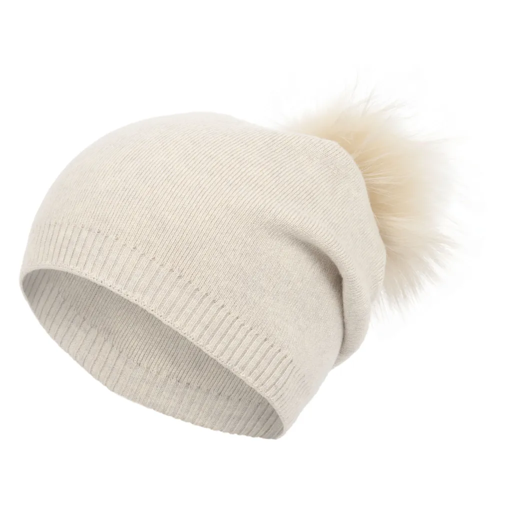 W439B Kremowa Polar Fashion czapka zimowa beanie wykonana z kaszmiru i wiskozy pompon z jenota