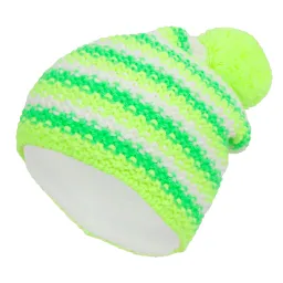 W262E - Green Lime Warm Winter Hat Knitted Colored Stripes