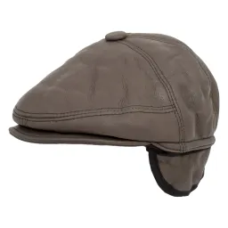 K208B Leather Brown Men'S Flat Cap With Neck And Ear Protection