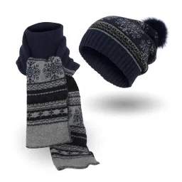 W322Dk Navy Polar Fashion Set Knitted Winter Hat Pompon Scarf Beanie Long Snowflake Theme