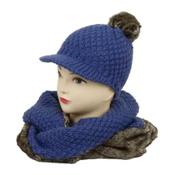 W326D Blue Set Haker Women'S Winter Hat Is Knitted With Faux Fur Trim And Visor And Pompon.