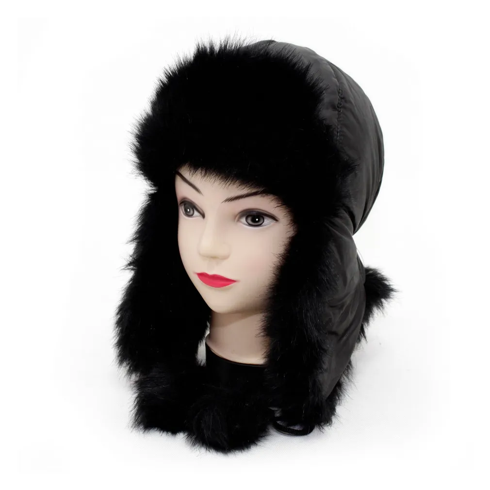 W163D Black Women'S Winter Hat With Ears, Made Of Ortalion Fabric And Insulated With Fur