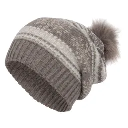 W321F Brązowa Polar Fashion ciepła czapka zimowa beanie oryginalny design motyw śnieżki pompon