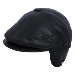 K208C Leather Navy Men'S Flat Cap With Neck And Ear Protection