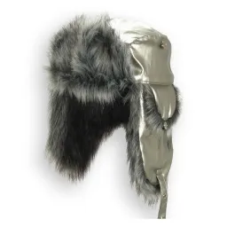 W14B Silver Waterproof Warm Eared Winter Hat Made Of Eco Shiny Leather