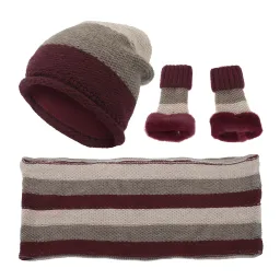 W375Bk Beige-Red Women'S Set Winter Hat Beanie Gloves Wool Cashmere Polar Fashion