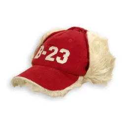 W54D Red Warm Eared Winter Hat With Visor Insulated With Acrylic Fur Fastened At The Neck