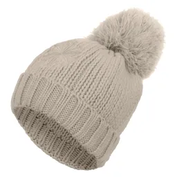 W218H Beige Women'S Winter Hat Knitted Acrylic With Pompon