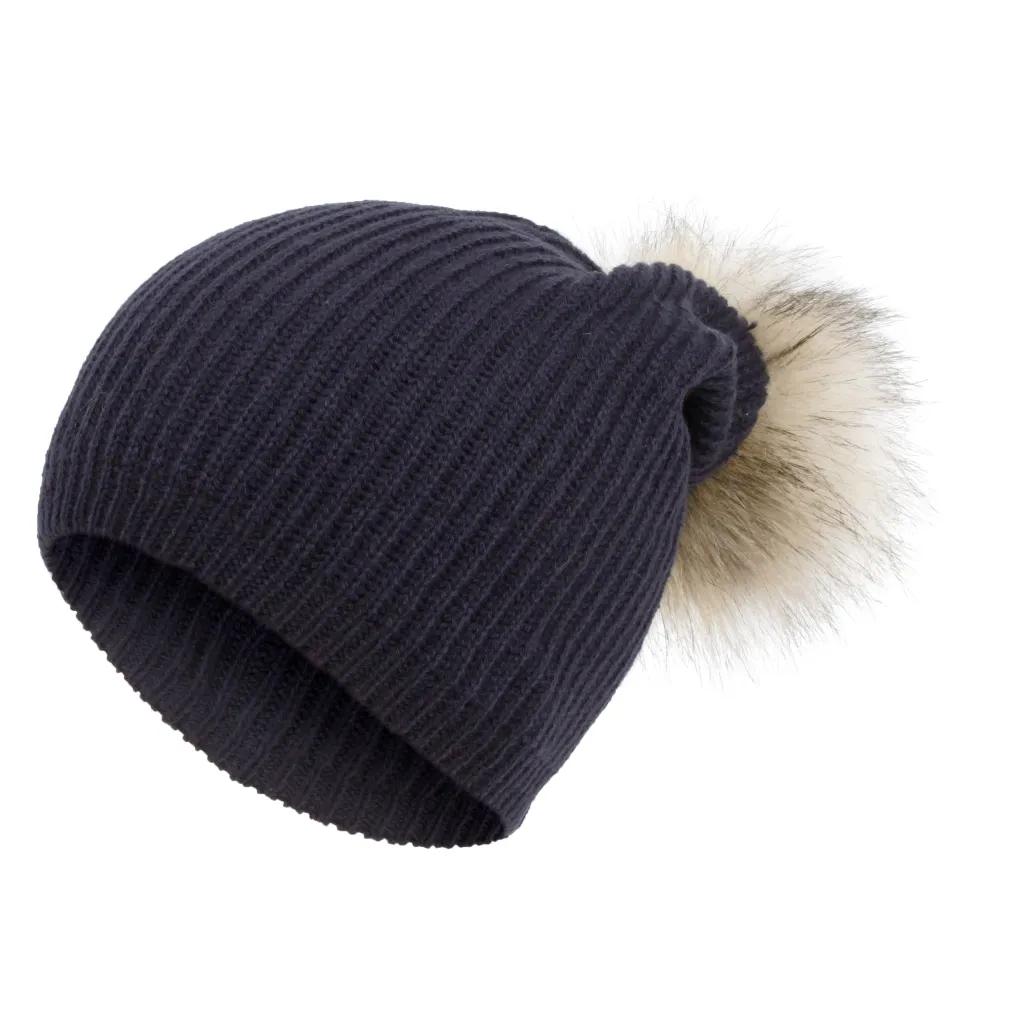 W332E Granatowa Haker beanie długa damska czapka z dzianiny oryginalny design pompon