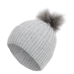 W250D Grey Warm Knitted Winter Hat Pompon With Jenot