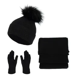 W454D Damski zimowy komplet czarny czapka szalik rękawiczki