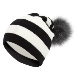 W333C White-Black Most Fashionable Hacker Beanie Women'S Hat With Knitted Original Design Pompon