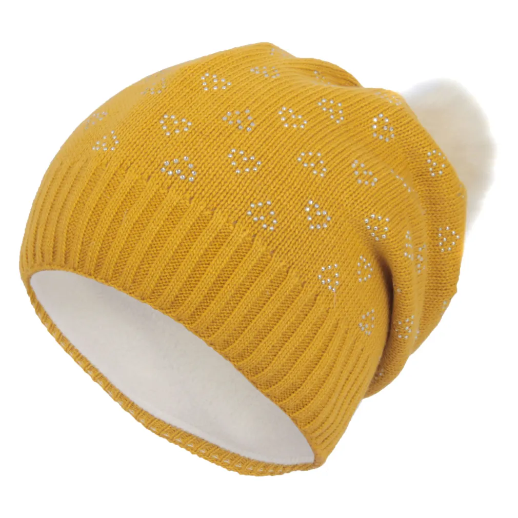 W252D Yellow Winter Hat With Fleece With Pompon Heart Rhinestones