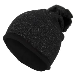 W411C Black Shiny Knit Polar Fashion Winter Hat Elegant With Cashmere Shiny Pompon With Rabbit