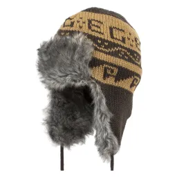 W207D Brown Warm Knitted Eared Winter Hat With Fur