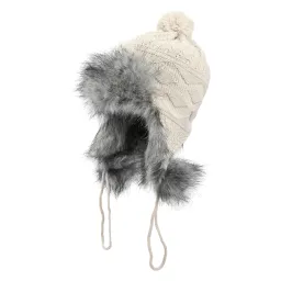 W214D Beige Warm Women'S Winter Hat Knitted Winter Hat Eared With Fur