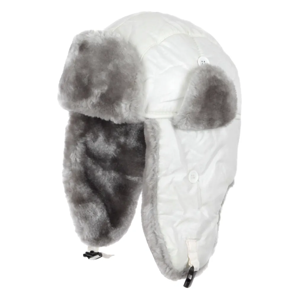 W132C White-Silver Warm Winter Hat Waterproof With Soft Fur Trim