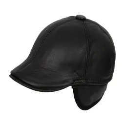 K216A Leather Black Men'S Flat Cap With Neck And Ear Protection