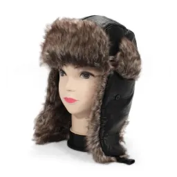 W106C Black Eared Winter Hat With Eco-Leather And Artificial Fur