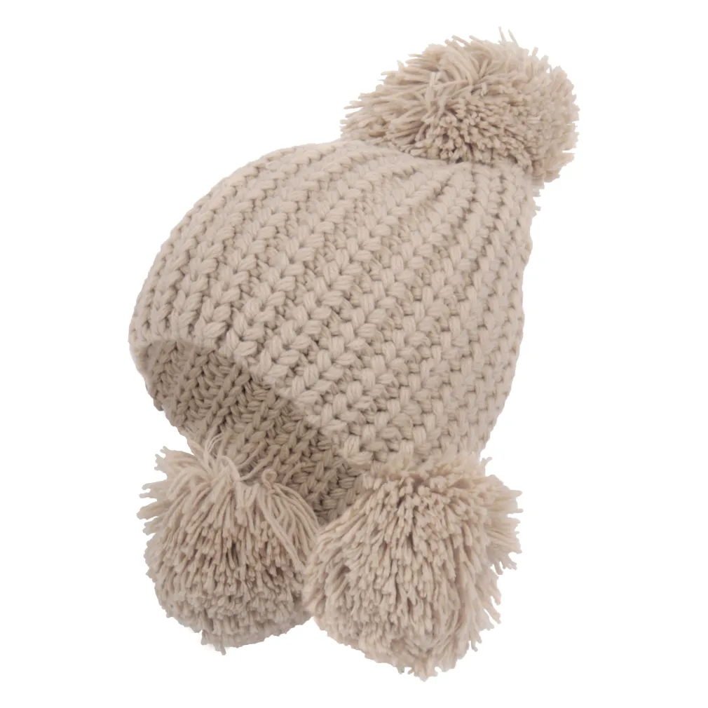 W229B Beige Warm Knitted Winter Hat With Decorative Pom-Poms