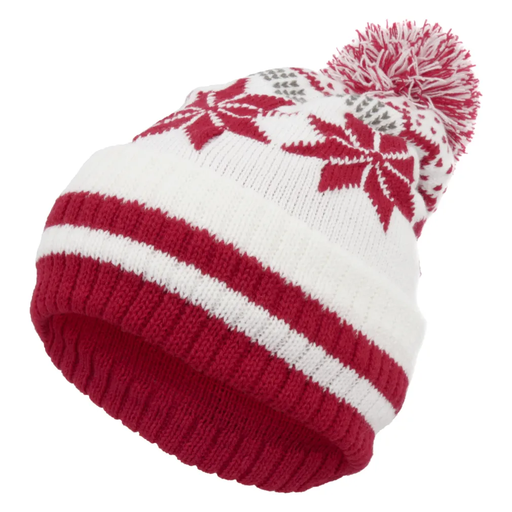 W330C White-Red Haker Warm Winter Hat Made With Knitted Beanie Original Design Snowflake Pompom Motif.