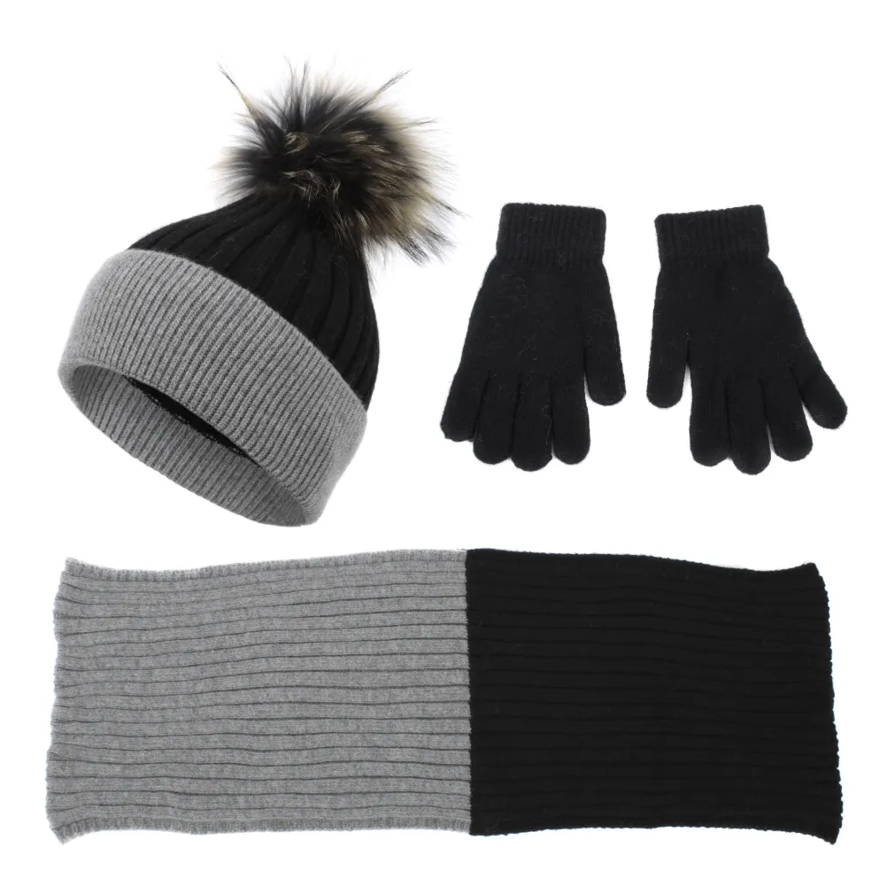 W376Ck Black-Grey Set Winter Hat Neck Scarf Gloves Wool Cashmere Pompon With Jenot Polar Fashion