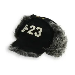 W56D Black Warm Eared Winter Hat With Visor Insulated With Acrylic Fur Fastened At The Neck