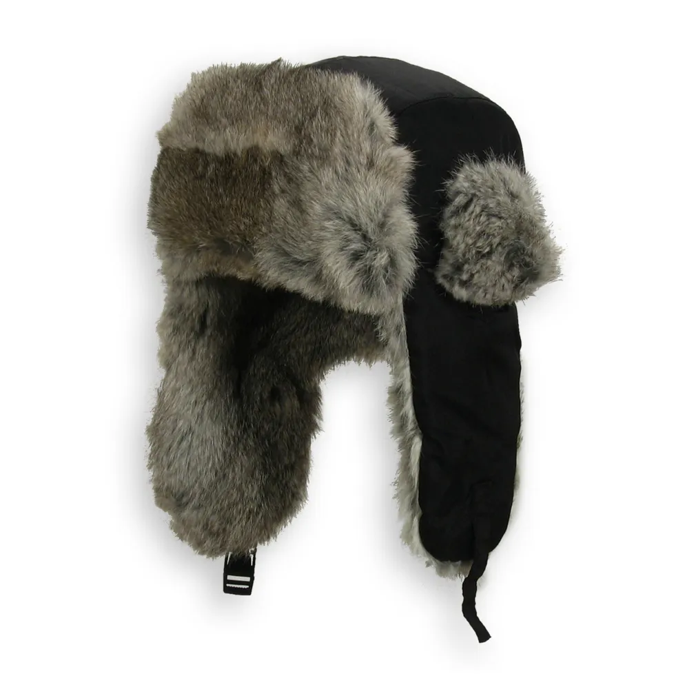 W44G Black- Grey A Warm Eared Winter Hat Insulated With Natural Rabbit Fur