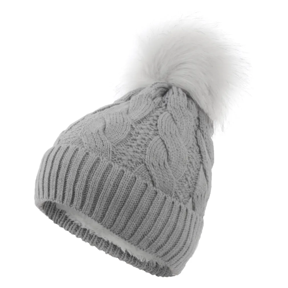 W363Cc Grey Haker Women'S Winter Hat With Knitwear And Pompon, Insulated With Fleece