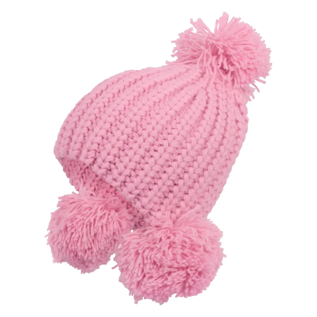 W229E Pink Warm Knitted Winter Hat With Decorative Pom-Poms