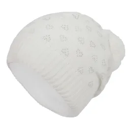 W253A White Warm Winter Hat Women'S With Pompon Heart With Rhinestones