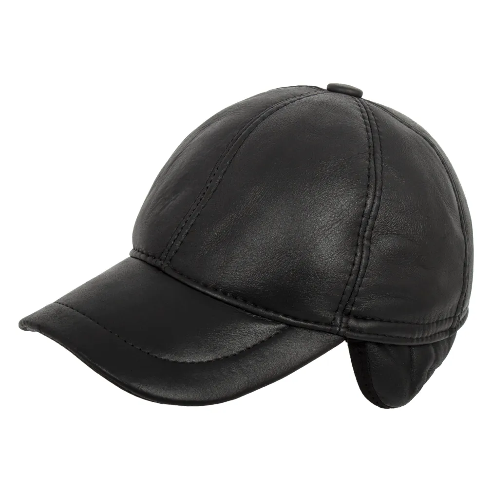 K207N Black Leather Baseball Cap With Neck And Ear Protection