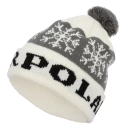 W329A White Polar Fashion Knitted Winter Hat Beanie Long Snowflake With Pompon