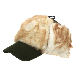 W55B Green Warm Eared Winter Hat With Visor Insulated With Acrylic Fur Fastened At The Neck