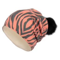 W258C Orange A Warm Winter Hat Zebra With Fleece Pompon With Rabbit Fur