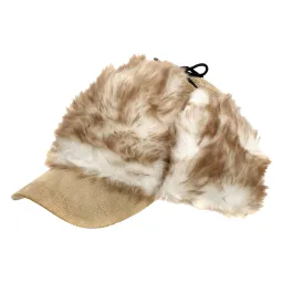 W55A Beige Warm Eared Winter Hat With Visor Insulated With Acrylic Fur Fastened At The Neck