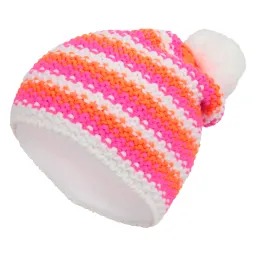 W262B - Orange Pink Warm Winter Hat Knitted Colored Stripes