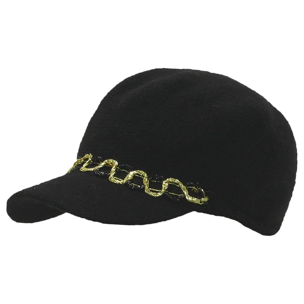 W28C Black Knitted Women'S Winter Hat With Visor Fashionable