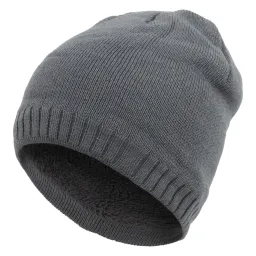 W390C Grey Warm Hat Knitted With A Furry Fleece Lining