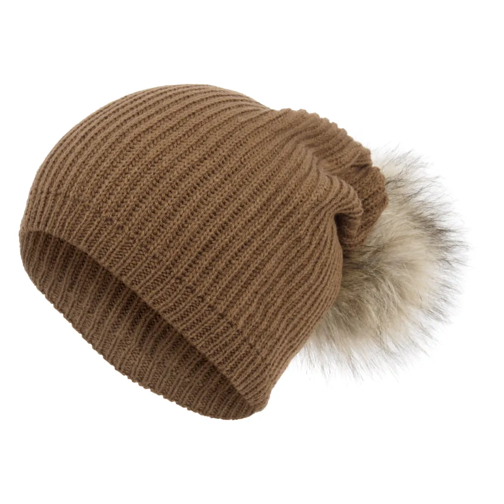 W332C Brązowa Haker beanie długa damska czapka z dzianiny oryginalny design pompon