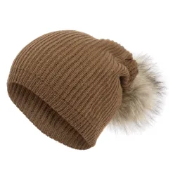 W332C Brązowa Haker beanie długa damska czapka z dzianiny oryginalny design pompon